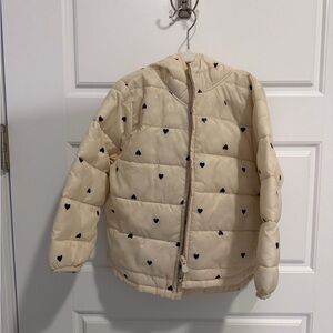 GAP Cream Puffer Jacket with Black Heart Pattern